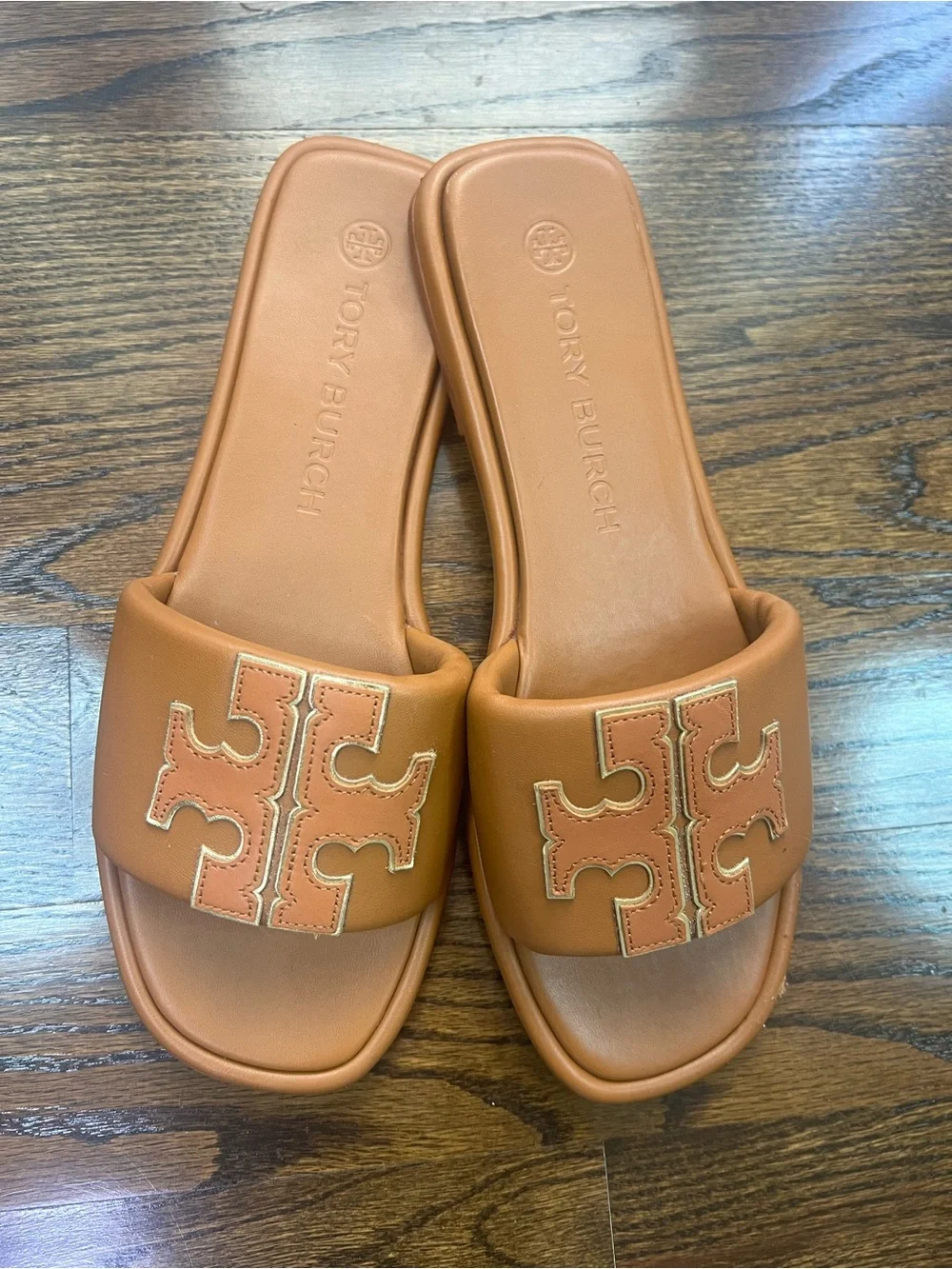 Tory Burch Tan Leather Logo Slide Sandals